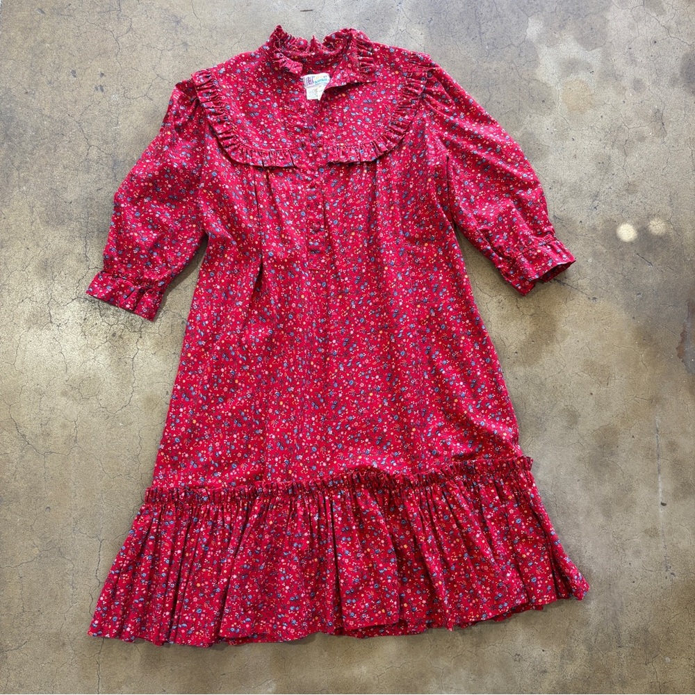 Vintage Hilda Hawaii Red Floral Ruffle MuuMuu Prairie House Dress 1970’s 1980’s
